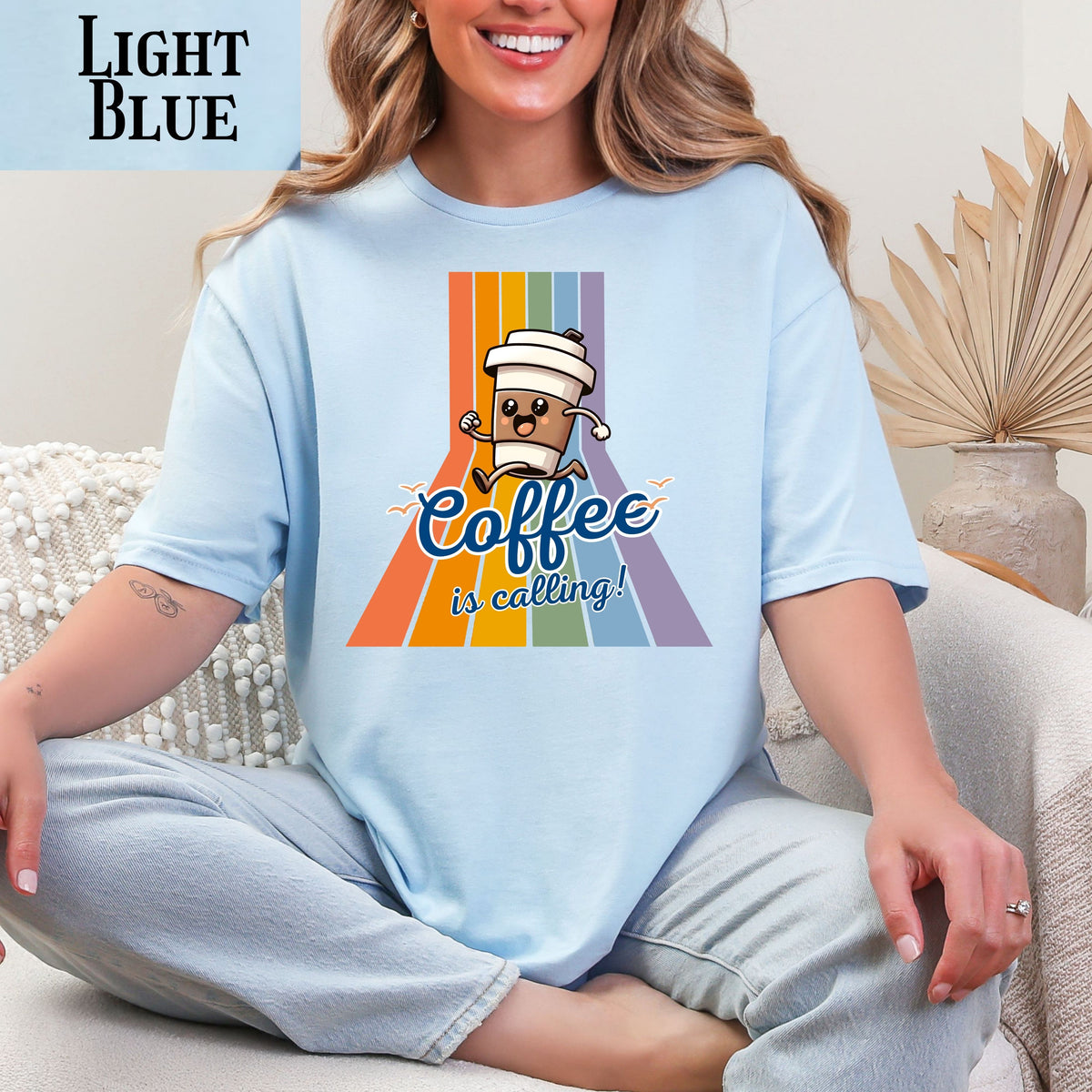 Coffee Is Calling graphic tee | Coffee cup character retro rainbow T-Shirt