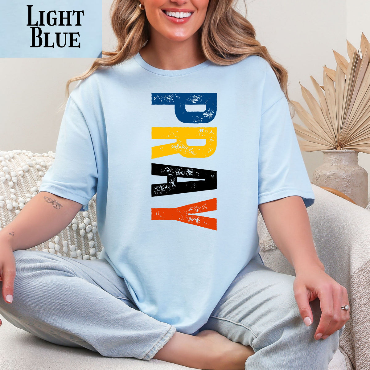 Pray vertical distressed text T-Shirt | Religious typography tee, faith graphic tee, Christian shirt, inspirational quote, unisex casual tee
