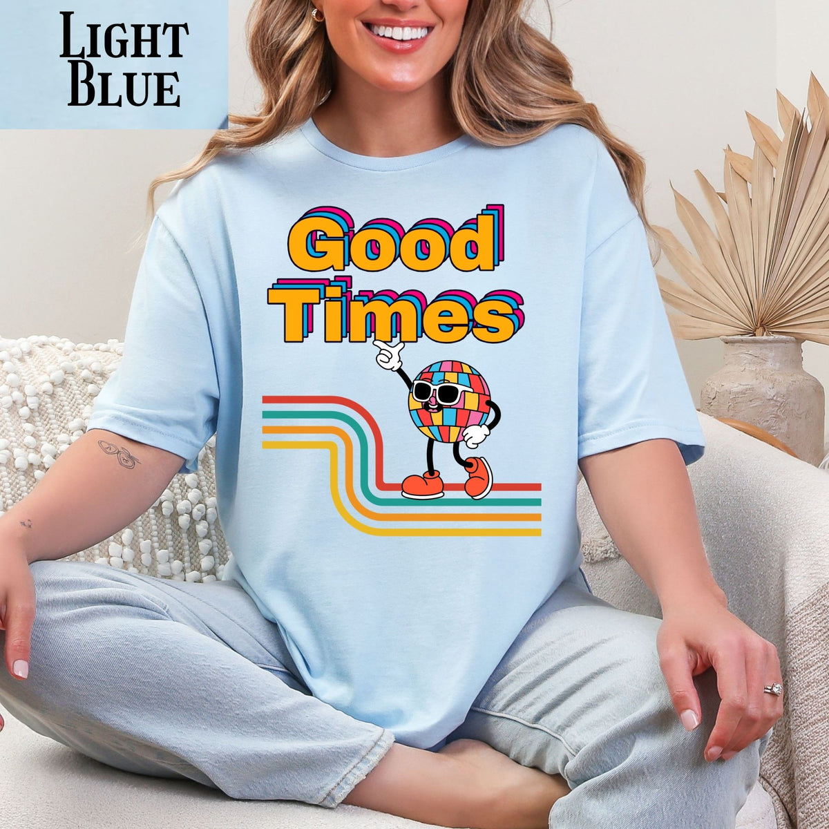 Good Times Retro Disco Character T-Shirt | 70s Vibes, Rainbow Typography