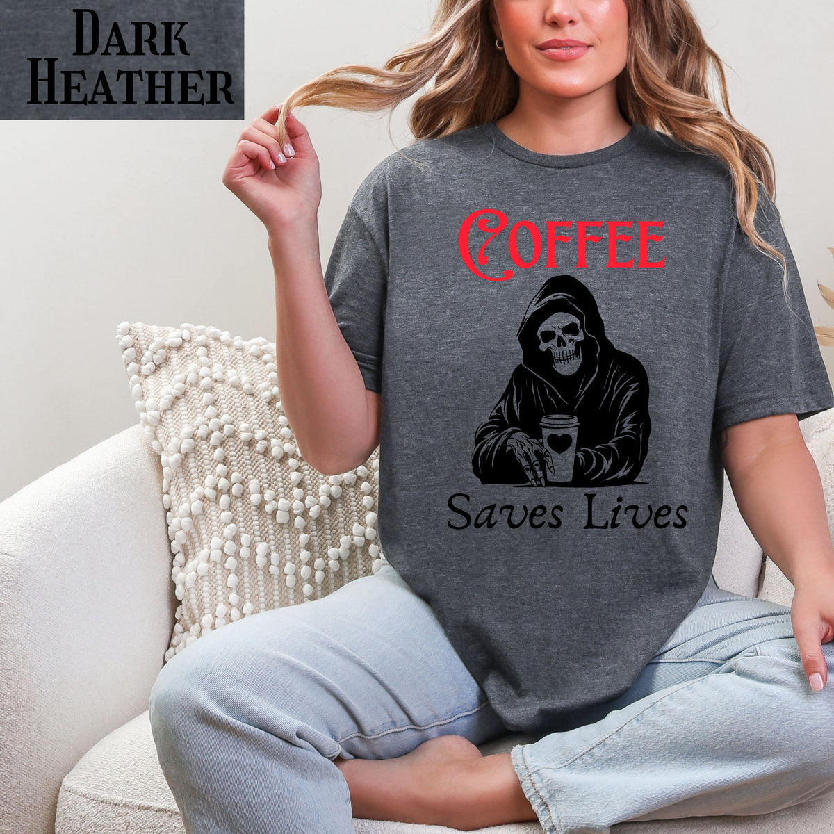 Funny Coffee Lover T-Shirt, Dark Humor Caffeine Addict Gift, Coffee Art, Unisex Casual Tee for Coffee Enthusiasts, Spooky Coffee Shirt