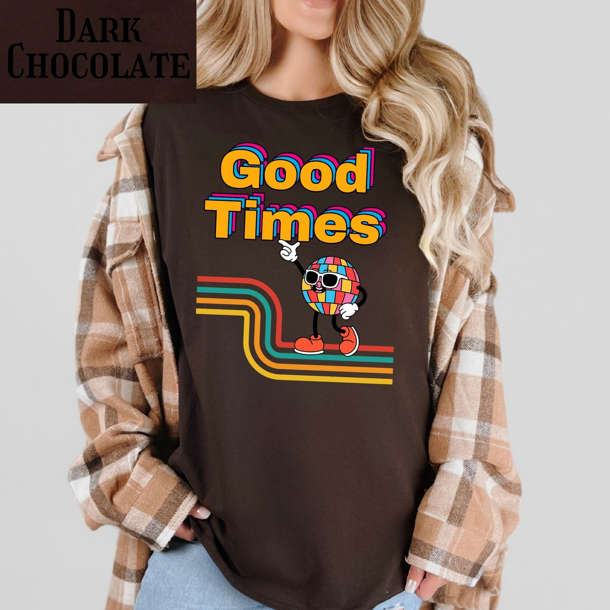 Good Times Retro Disco Character T-Shirt | 70s Vibes, Rainbow Typography