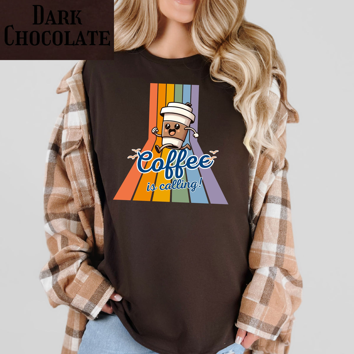 Coffee Is Calling graphic tee | Coffee cup character retro rainbow T-Shirt