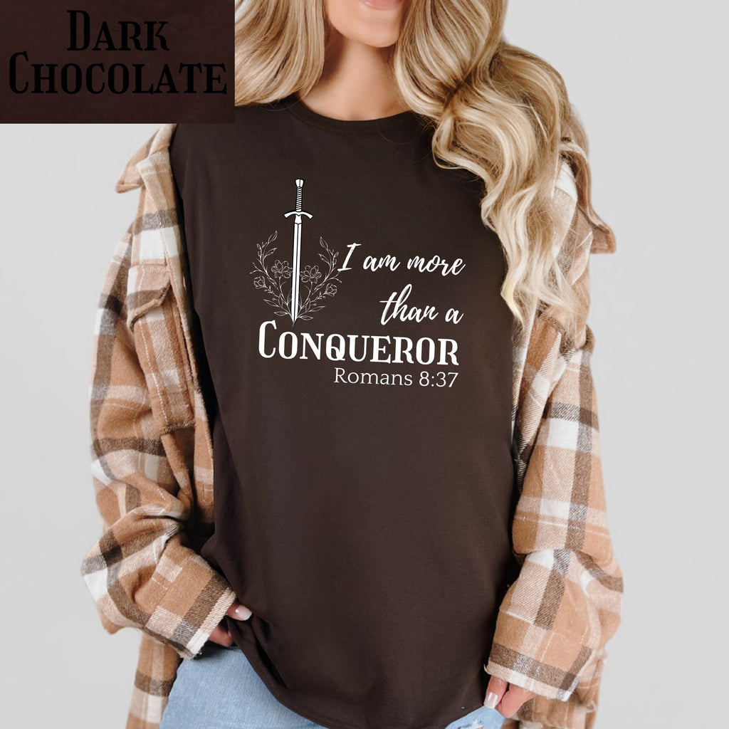 Faith-inspired floral shirt, I Am More Than A Conqueror T-Shirt, Romans 8:37, Christian Tee