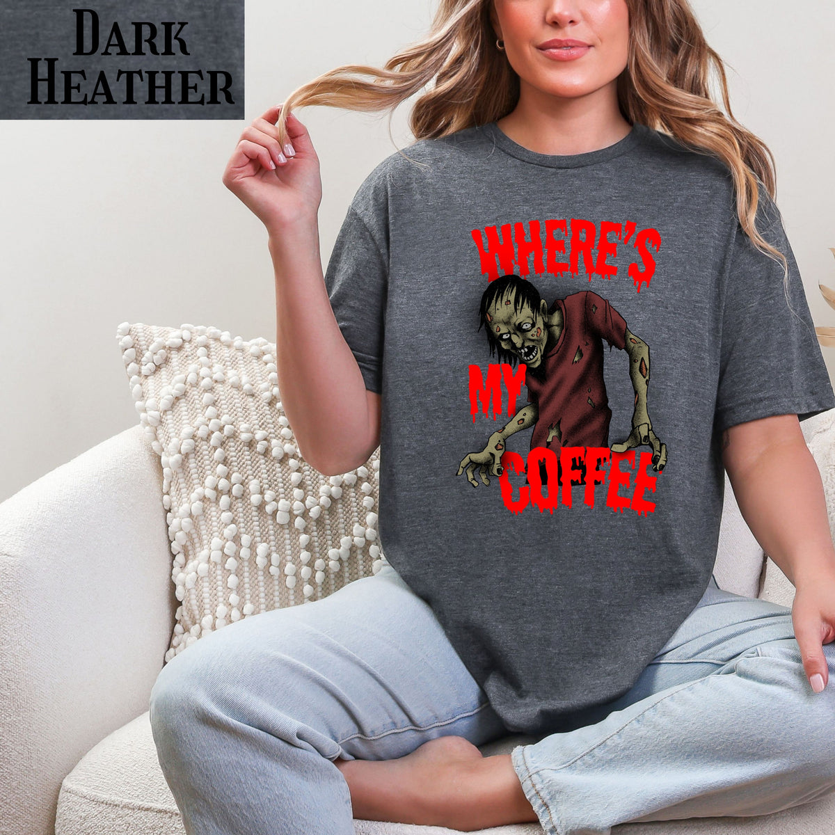 Funny Zombie Coffee T-Shirt, Halloween Graphic Tee for Coffee Lovers, Dark Humor, Gift for Him Her, Casual Outfits, Zombie Enthusiasts