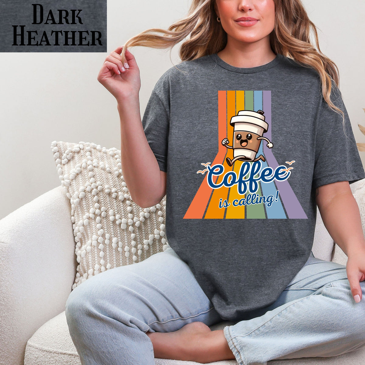 Coffee Is Calling graphic tee | Coffee cup character retro rainbow T-Shirt