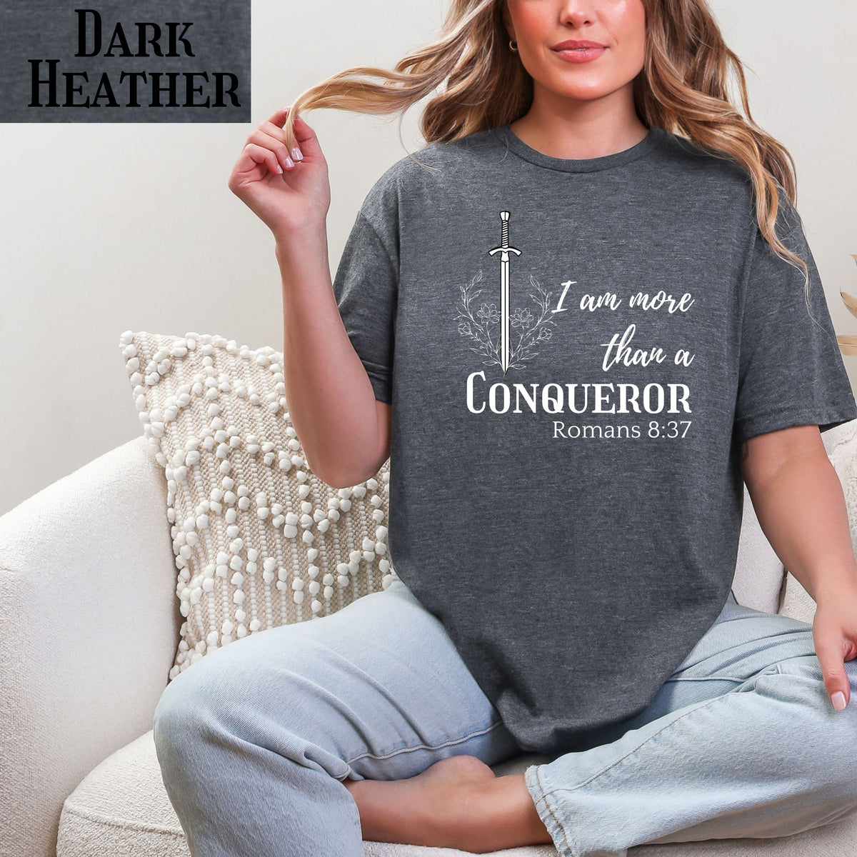 Faith-inspired floral shirt, I Am More Than A Conqueror T-Shirt, Romans 8:37, Christian Tee