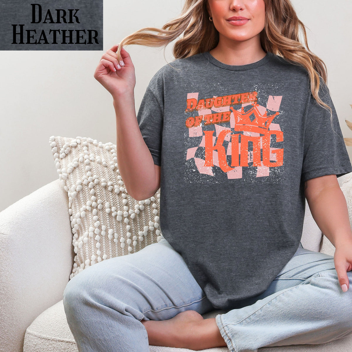Christian Faith Tee Daughter of the King T-Shirt with retro distressed Crown graphic design