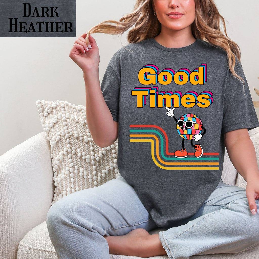Good Times Retro Disco Character T-Shirt | 70s Vibes, Rainbow Typography