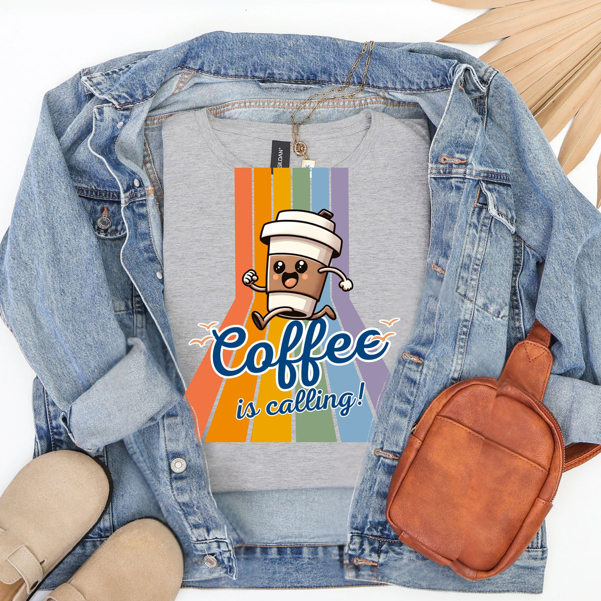 Coffee Is Calling graphic tee | Coffee cup character retro rainbow T-Shirt