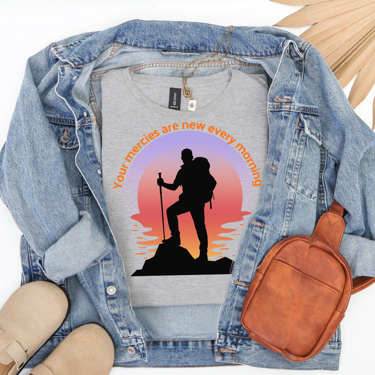 Your Mercies Are New Every Morning T-Shirt | Hiker Silhouette Sunrise Faith Tee