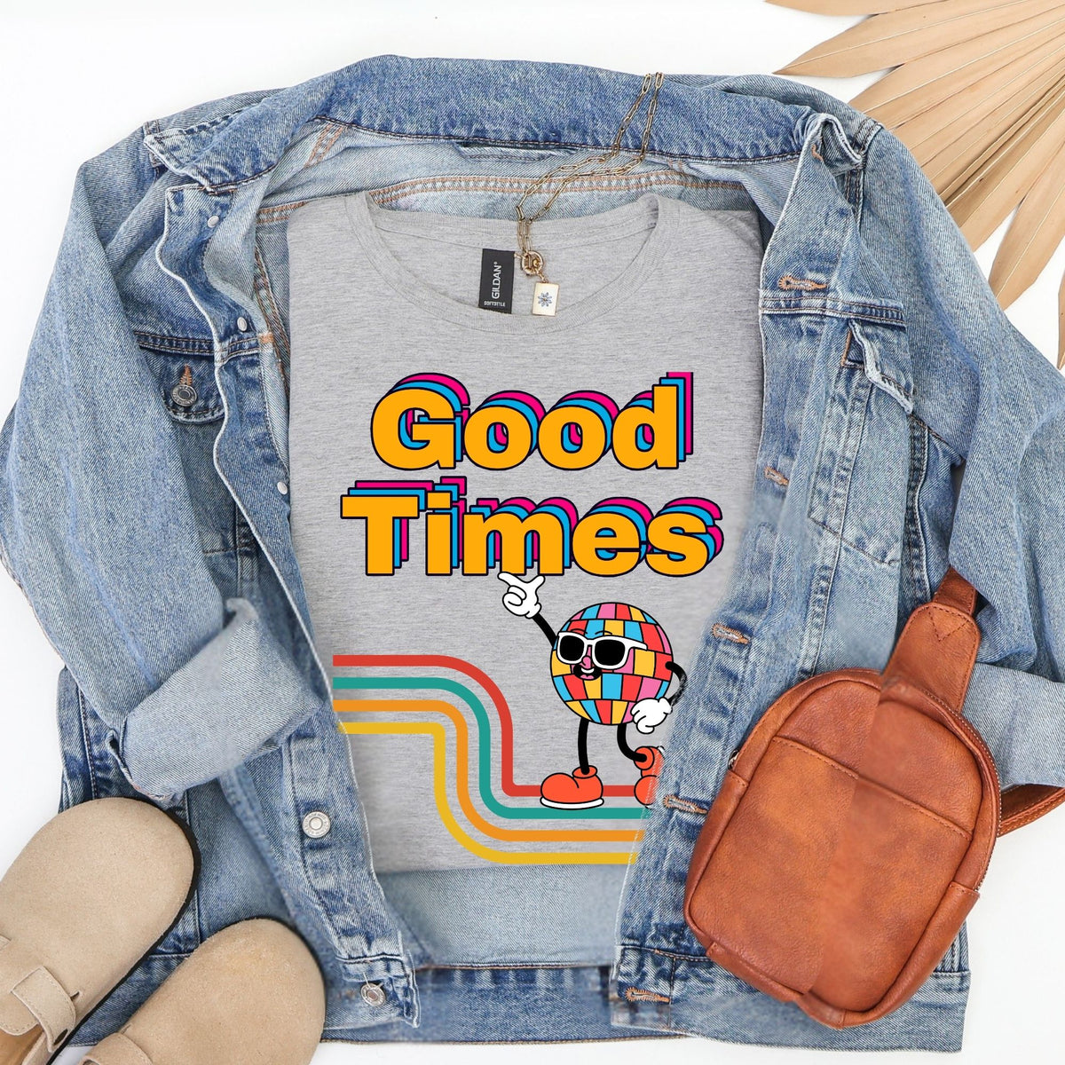 Good Times Retro Disco Character T-Shirt | 70s Vibes, Rainbow Typography