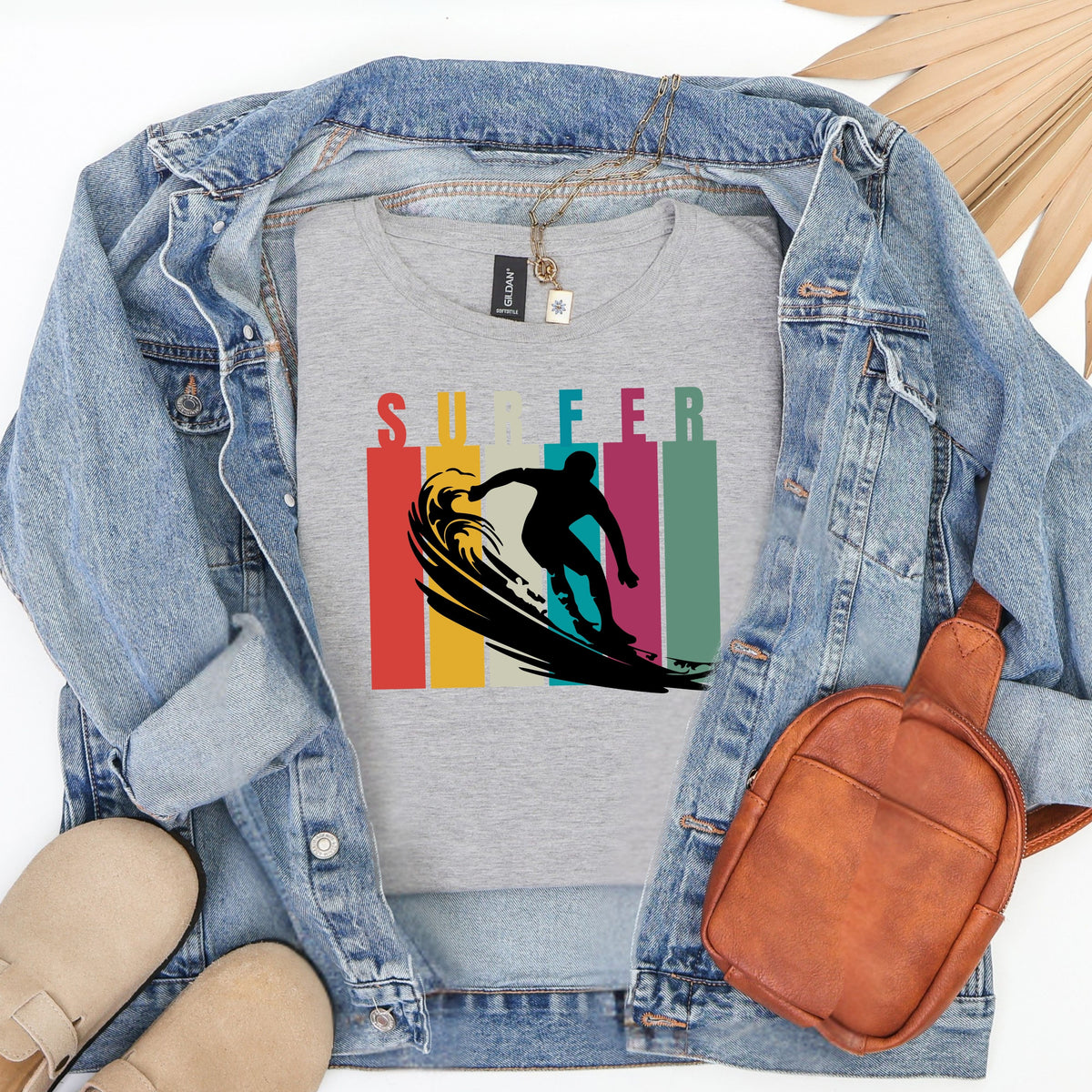 Retro Surfer Graphic T-Shirt — Vintage Striped Wave Tee