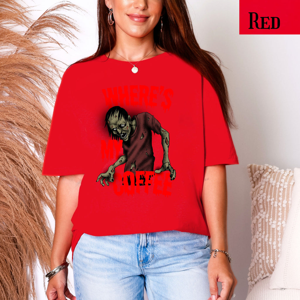 Funny Zombie Coffee T-Shirt, Halloween Graphic Tee for Coffee Lovers, Dark Humor, Gift for Him Her, Casual Outfits, Zombie Enthusiasts