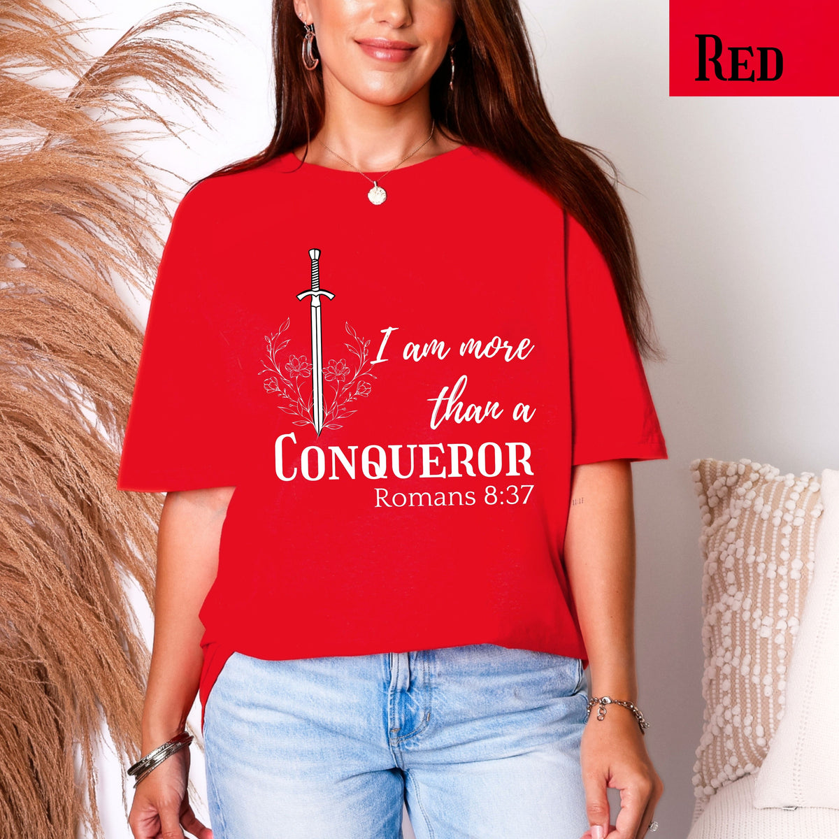 Faith-inspired floral shirt, I Am More Than A Conqueror T-Shirt, Romans 8:37, Christian Tee
