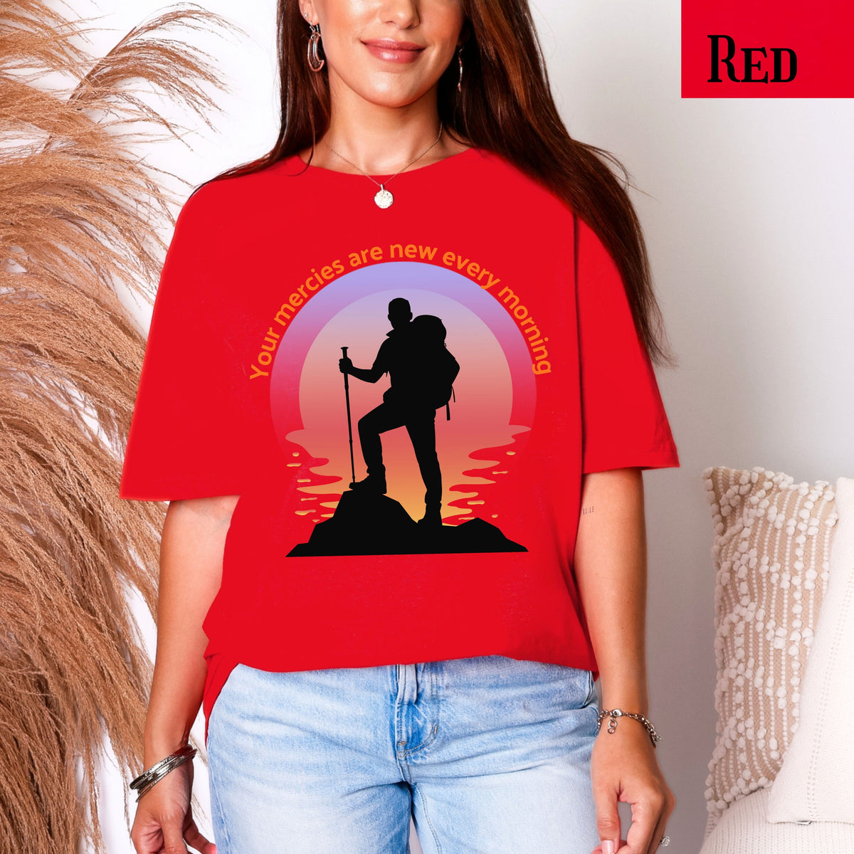 Your Mercies Are New Every Morning T-Shirt | Hiker Silhouette Sunrise Faith Tee