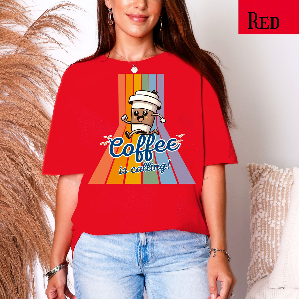 Coffee Is Calling graphic tee | Coffee cup character retro rainbow T-Shirt