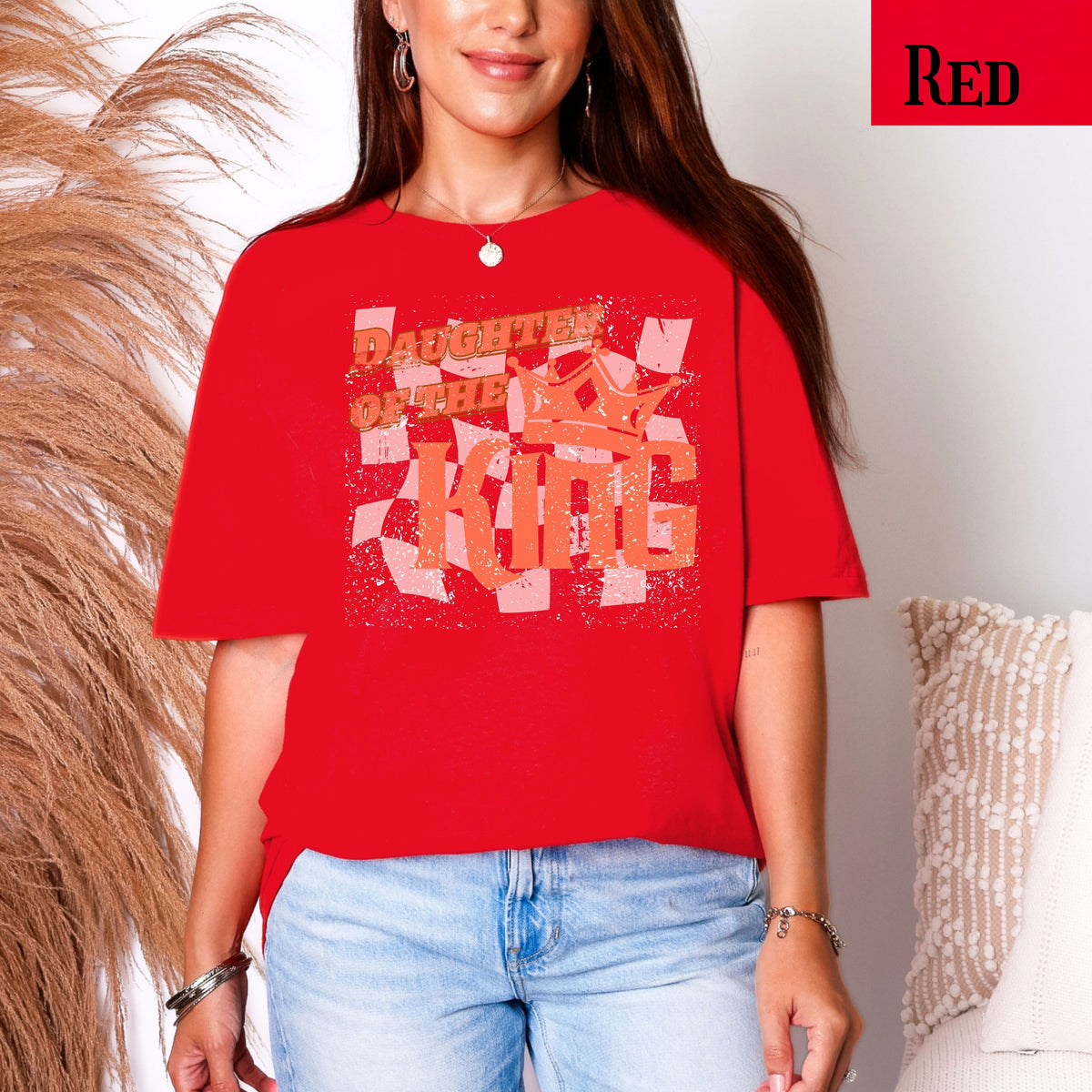 Christian Faith Tee Daughter of the King T-Shirt with retro distressed Crown graphic design