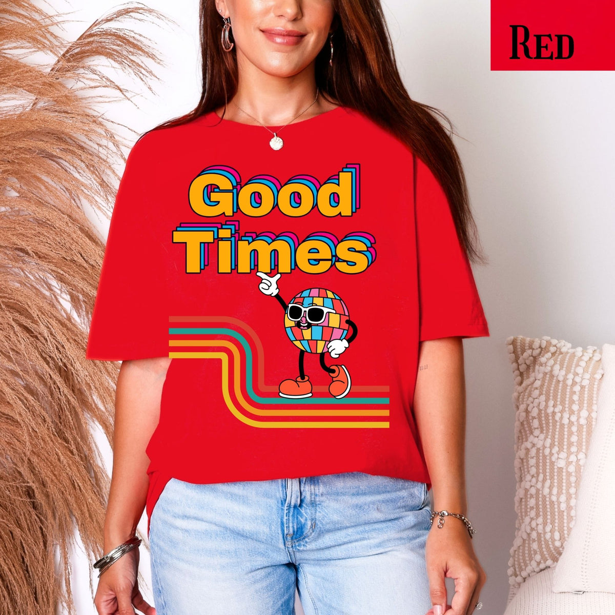 Good Times Retro Disco Character T-Shirt | 70s Vibes, Rainbow Typography