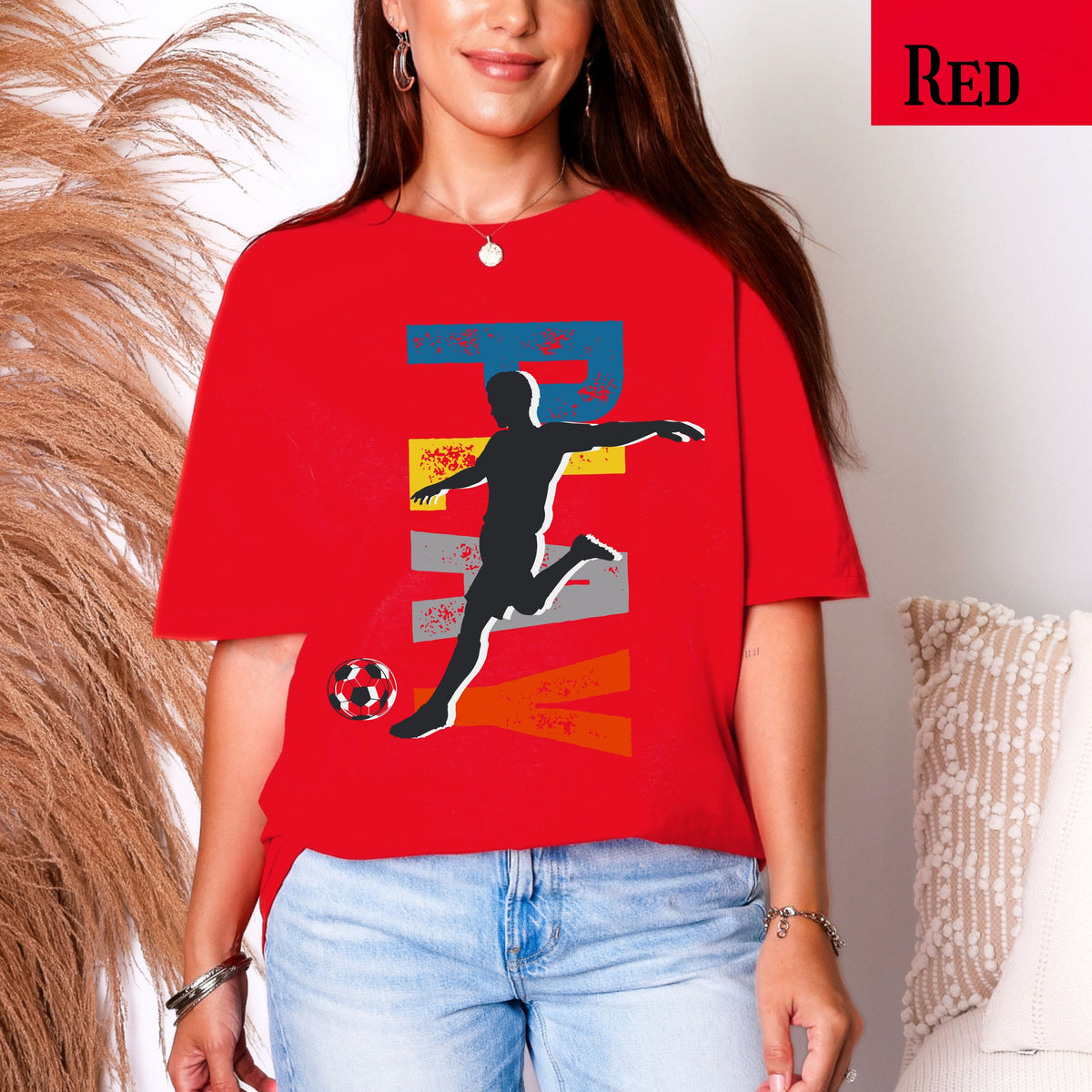 Soccer Player Silhouette T-Shirt — Retro Stripes Football Tee