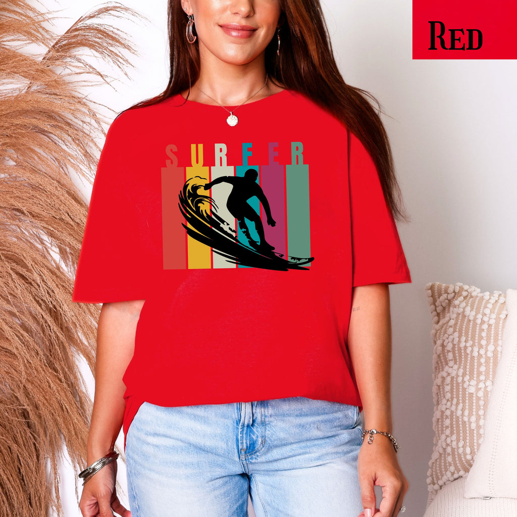 Retro Surfer Graphic T-Shirt — Vintage Striped Wave Tee