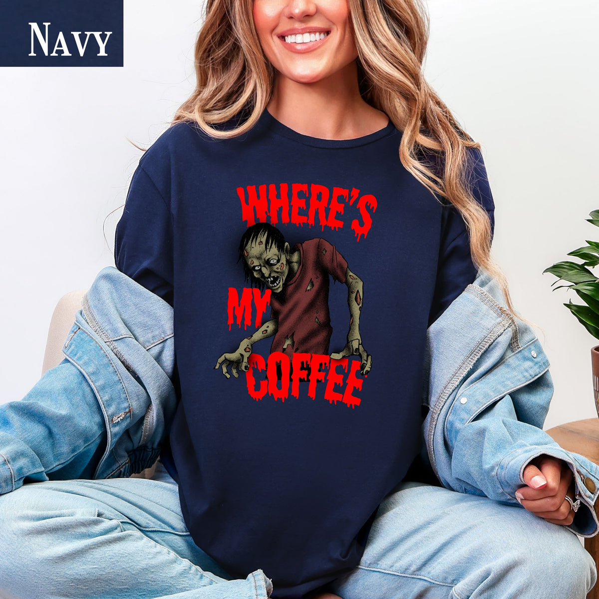 Funny Zombie Coffee T-Shirt, Halloween Graphic Tee for Coffee Lovers, Dark Humor, Gift for Him Her, Casual Outfits, Zombie Enthusiasts