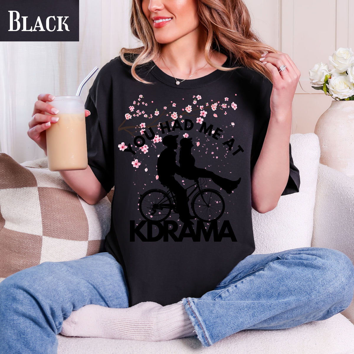 KDrama cherry blossom T-shirt Couple riding Bike Graphic Tee, Korean style, Korean merch, Kdrama aesthetic, cute graphic tee, Korean gift