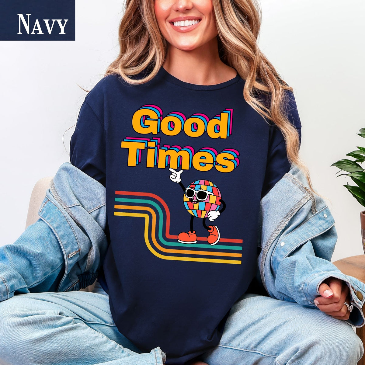 Good Times Retro Disco Character T-Shirt | 70s Vibes, Rainbow Typography