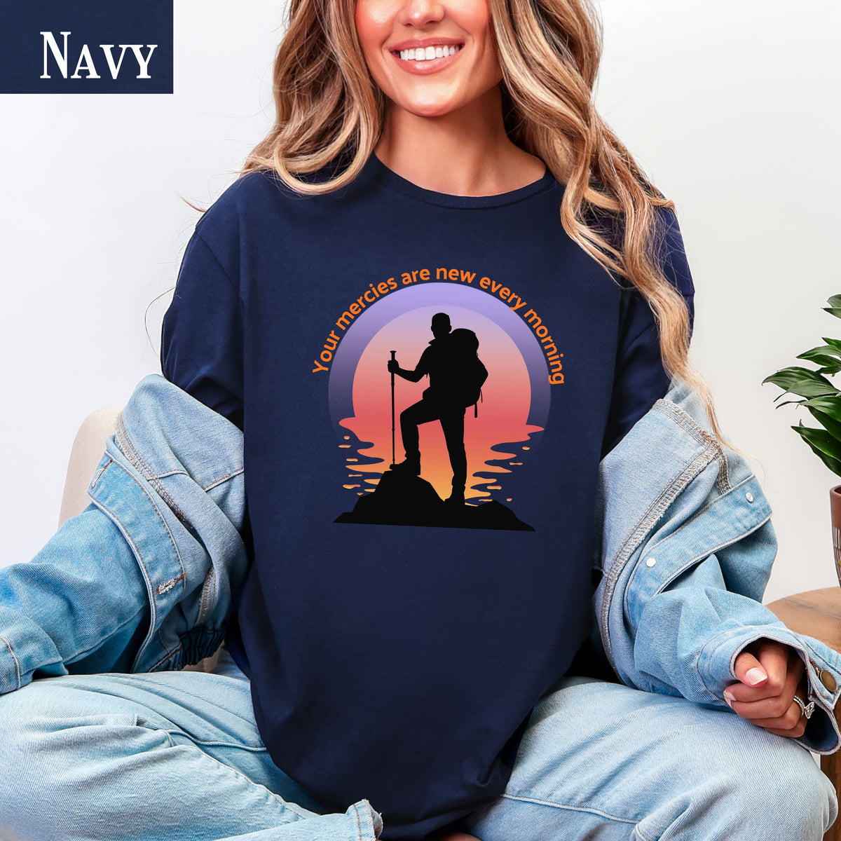 Your Mercies Are New Every Morning T-Shirt | Hiker Silhouette Sunrise Faith Tee
