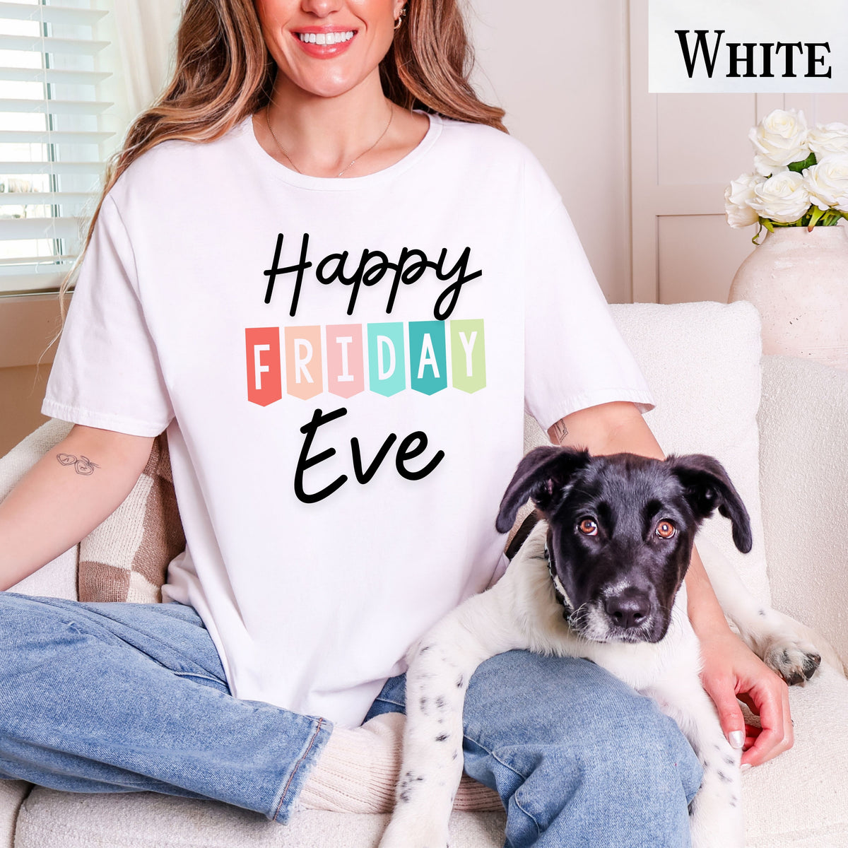 Happy Friday Eve T-Shirt | Colorful Block Letter Weekend Shirt