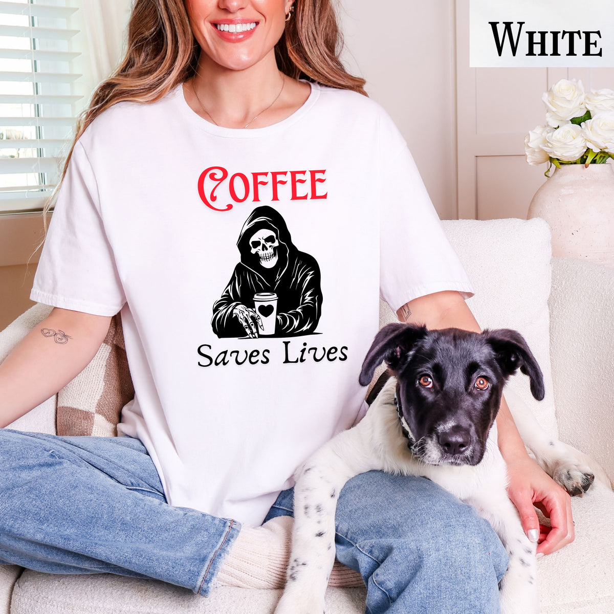 Funny Coffee Lover T-Shirt, Dark Humor Caffeine Addict Gift, Coffee Art, Unisex Casual Tee for Coffee Enthusiasts, Spooky Coffee Shirt