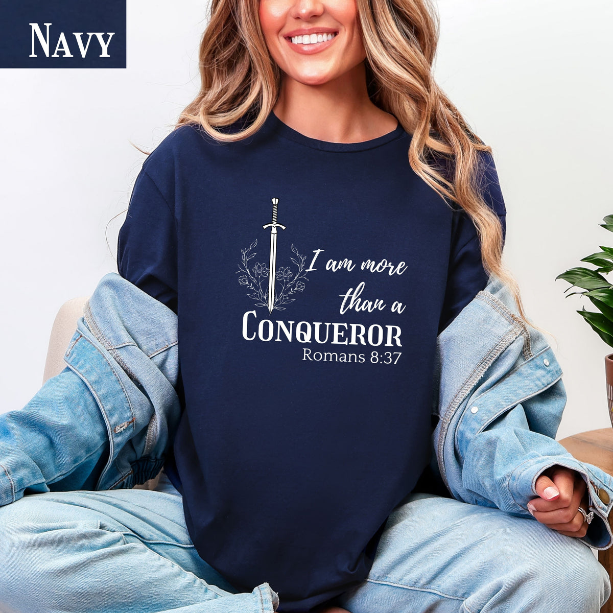 Faith-inspired floral shirt, I Am More Than A Conqueror T-Shirt, Romans 8:37, Christian Tee