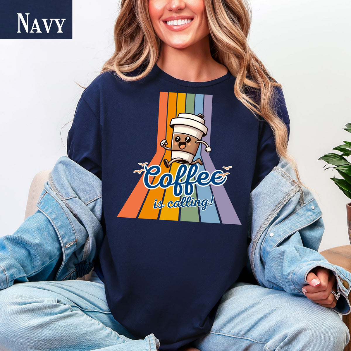 Coffee Is Calling graphic tee | Coffee cup character retro rainbow T-Shirt