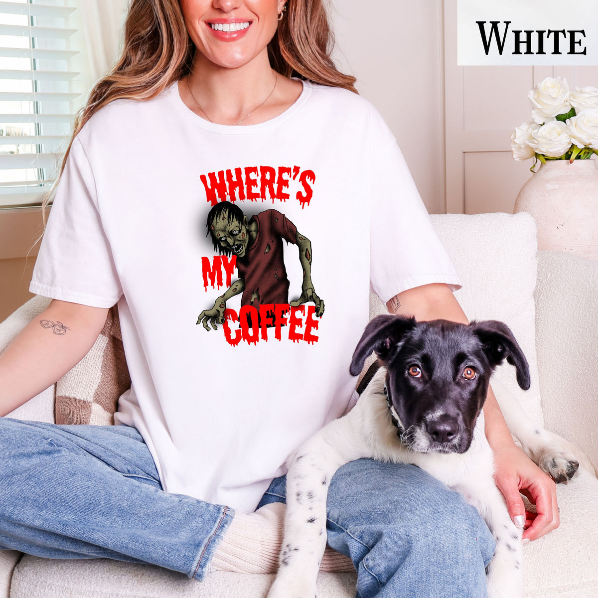 Funny Zombie Coffee T-Shirt, Halloween Graphic Tee for Coffee Lovers, Dark Humor, Gift for Him Her, Casual Outfits, Zombie Enthusiasts
