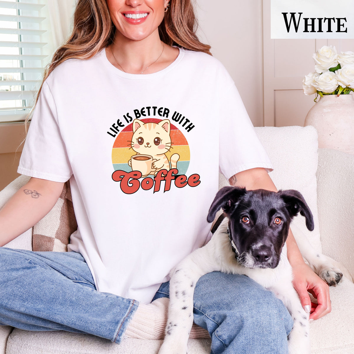 Coffee cat T-Shirt, retro coffee lover gift for cat mama, cute graphic tee, kawaii coffee, coffee addict