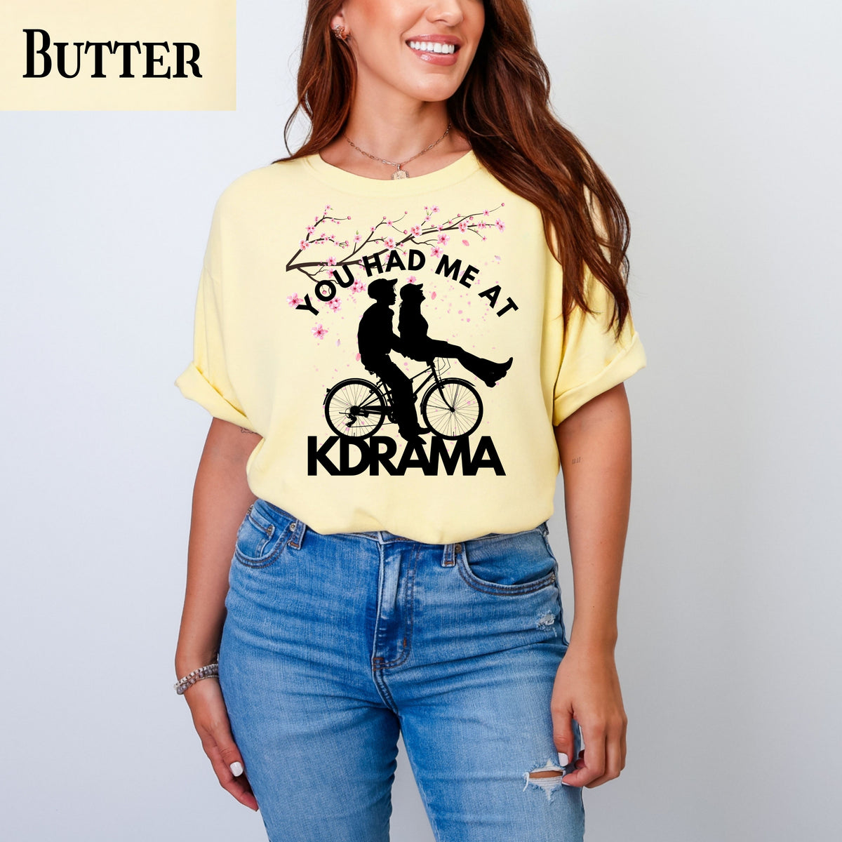KDrama cherry blossom T-shirt Couple riding Bike Graphic Tee, Korean style, Korean merch, Kdrama aesthetic, cute graphic tee, Korean gift