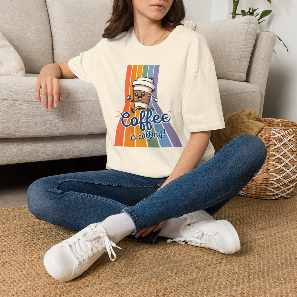 Coffee Is Calling graphic tee | Coffee cup character retro rainbow T-Shirt