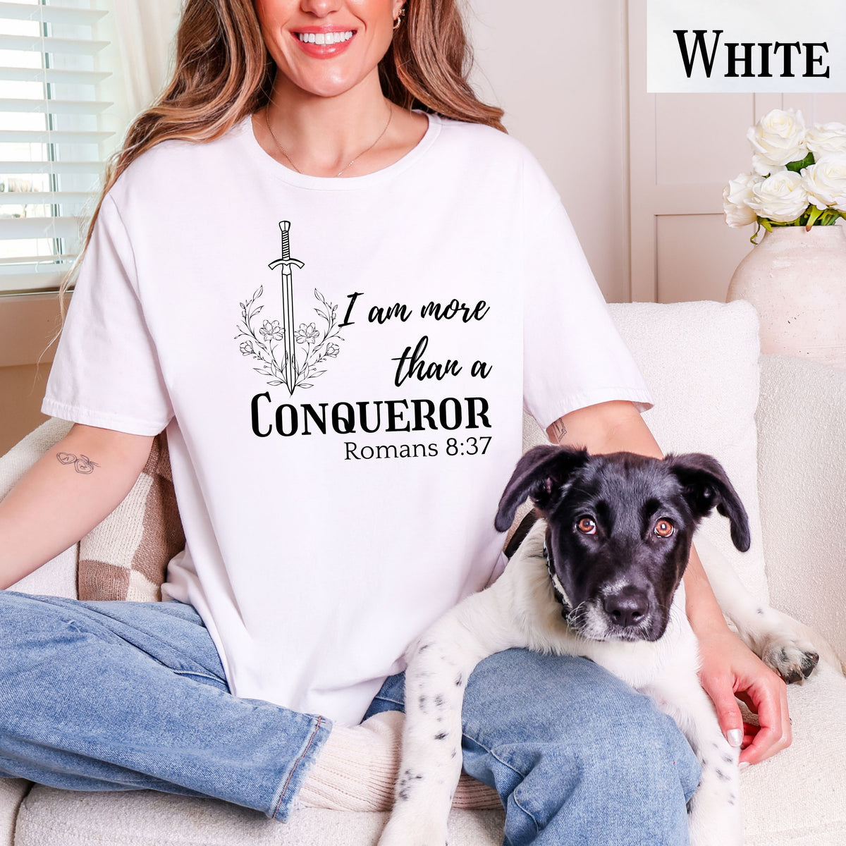 Faith-inspired floral shirt, I Am More Than A Conqueror T-Shirt, Romans 8:37, Christian Tee