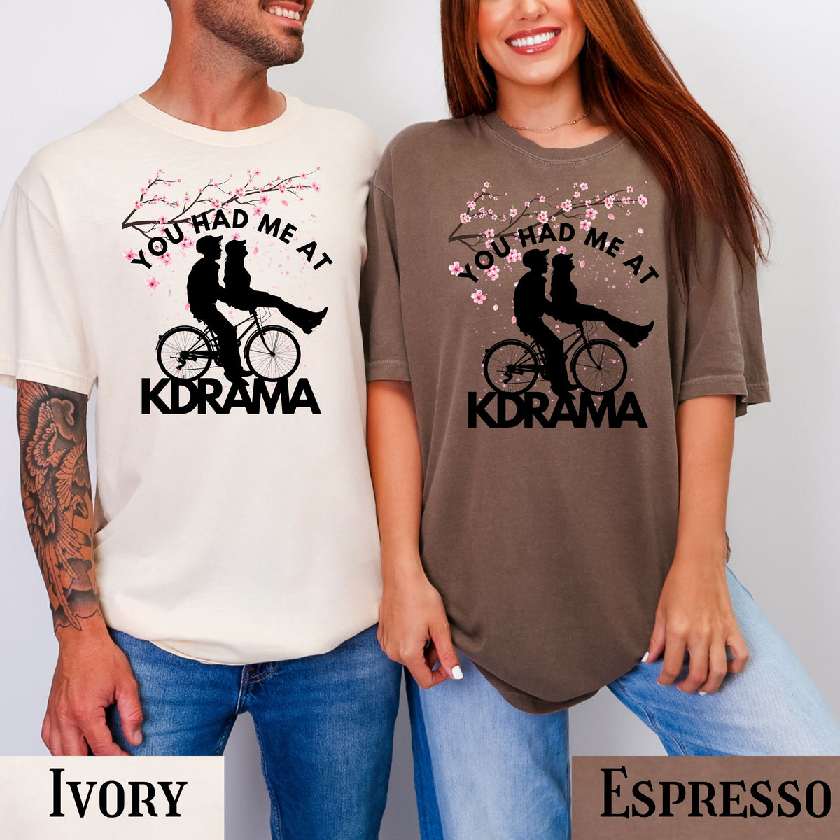 KDrama cherry blossom T-shirt Couple riding Bike Graphic Tee, Korean style, Korean merch, Kdrama aesthetic, cute graphic tee, Korean gift