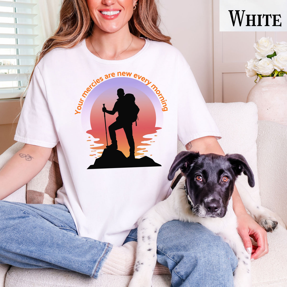 Your Mercies Are New Every Morning T-Shirt | Hiker Silhouette Sunrise Faith Tee