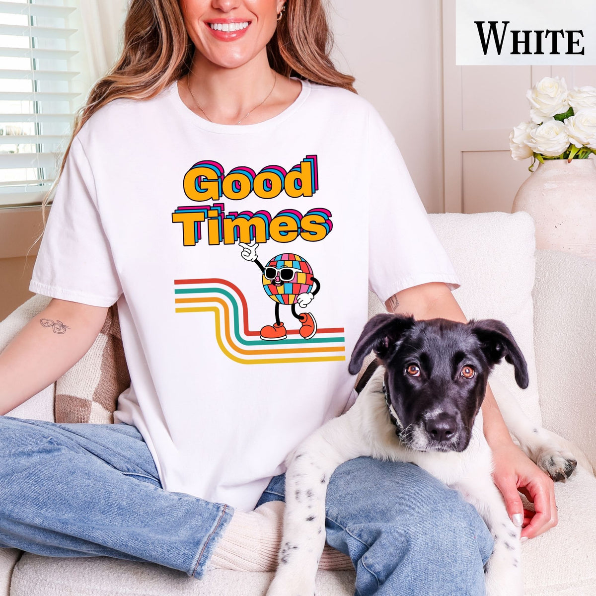 Good Times Retro Disco Character T-Shirt | 70s Vibes, Rainbow Typography