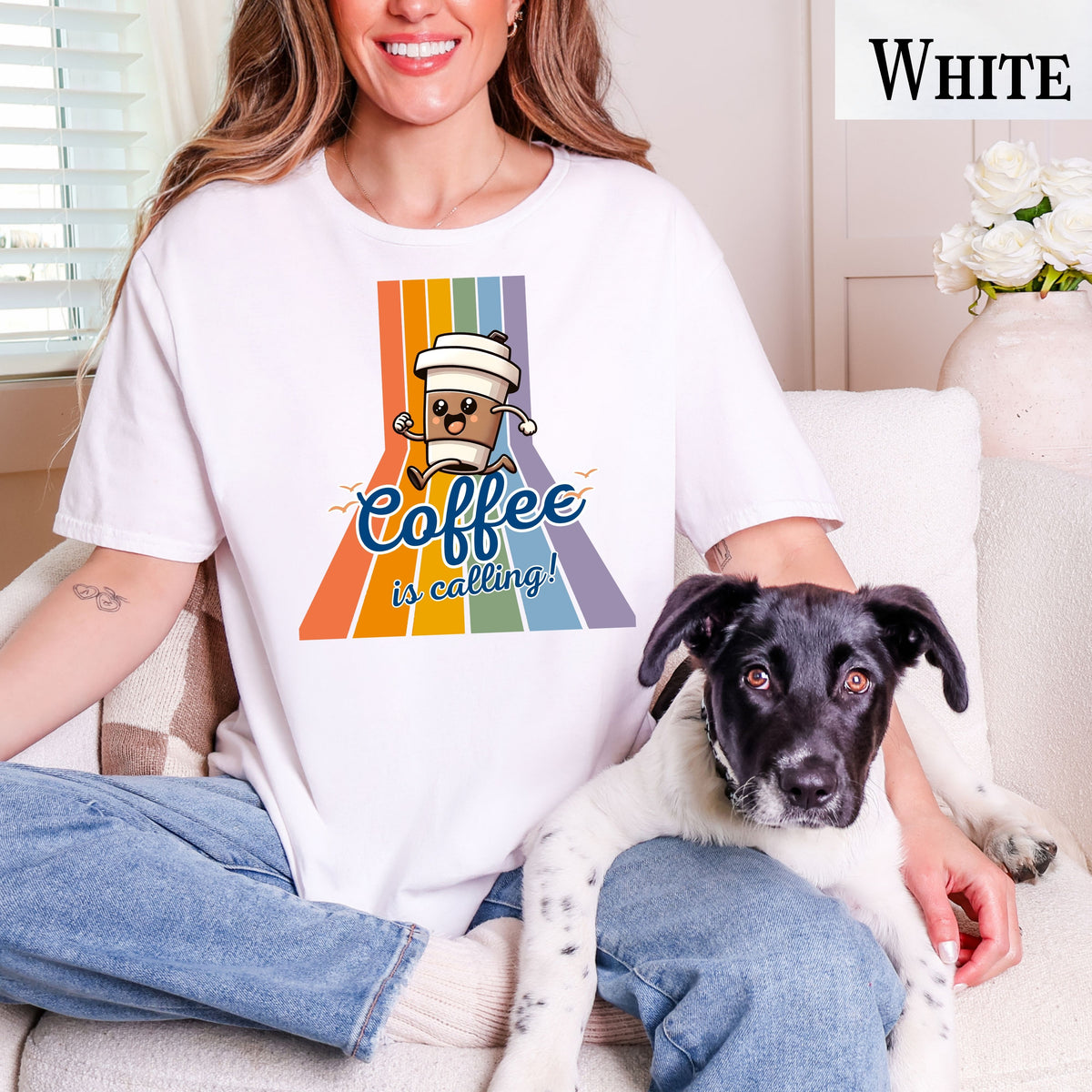 Coffee Is Calling graphic tee | Coffee cup character retro rainbow T-Shirt