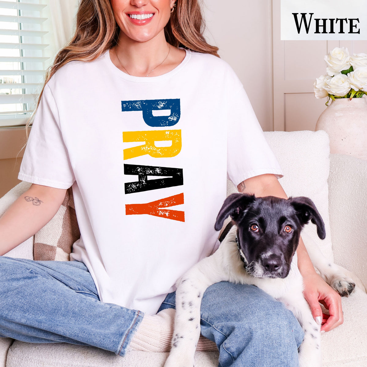 Pray vertical distressed text T-Shirt | Religious typography tee, faith graphic tee, Christian shirt, inspirational quote, unisex casual tee