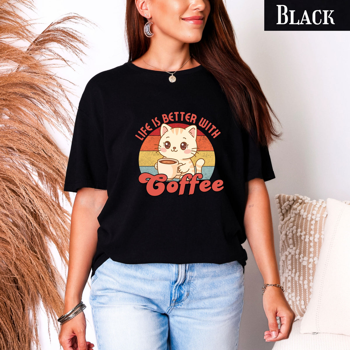 Coffee cat T-Shirt, retro coffee lover gift for cat mama, cute graphic tee, kawaii coffee, coffee addict