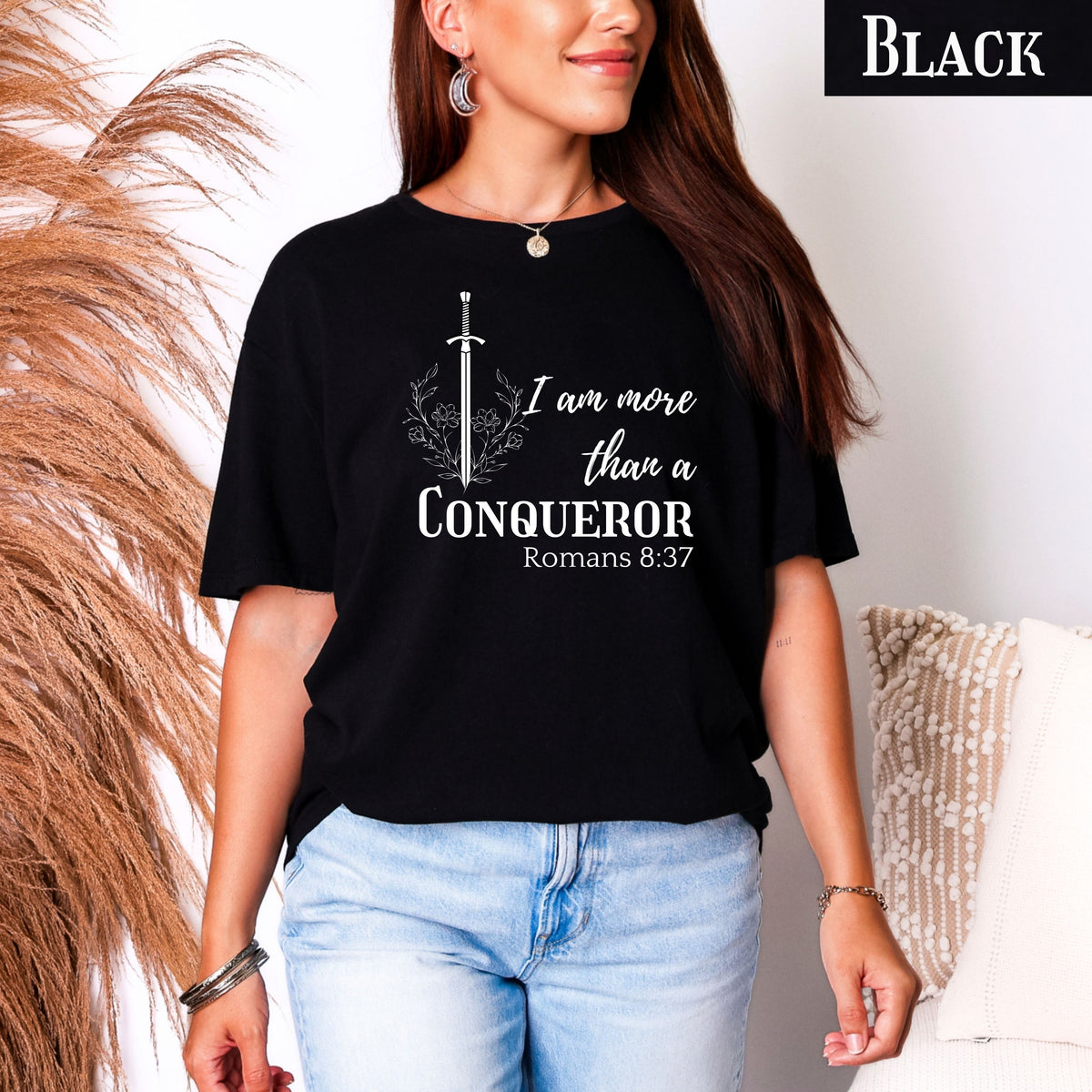 Faith-inspired floral shirt, I Am More Than A Conqueror T-Shirt, Romans 8:37, Christian Tee