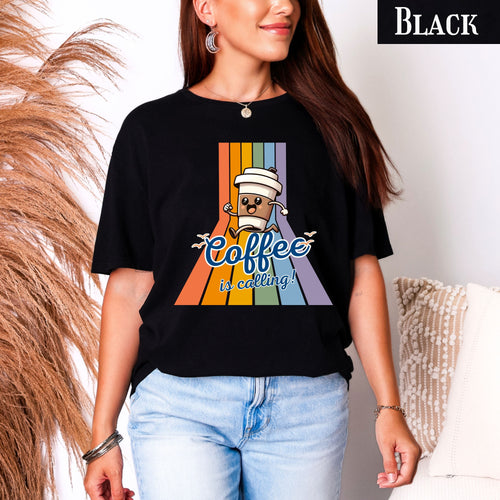 Coffee Is Calling graphic tee | Coffee cup character retro rainbow T-Shirt