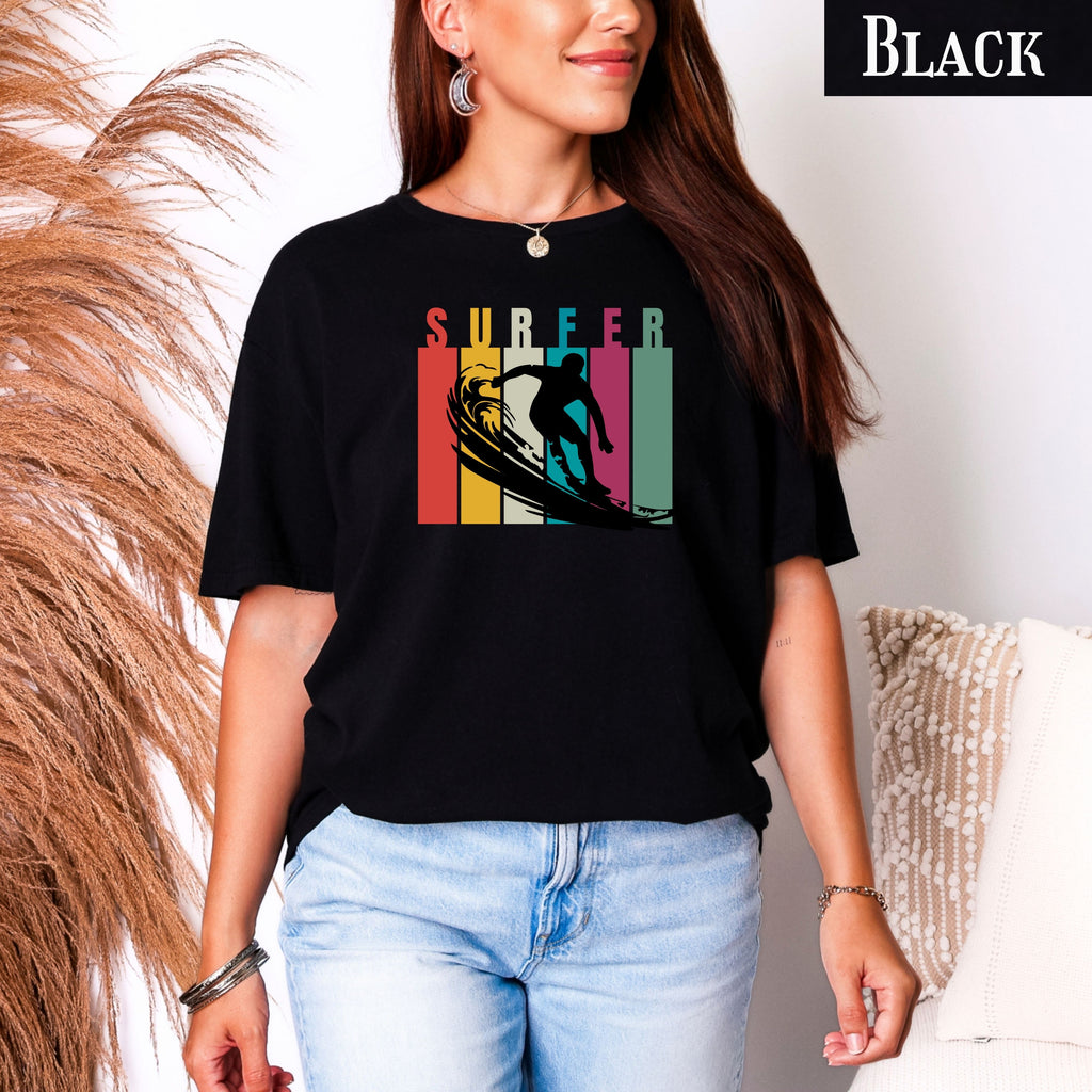 Retro Surfer Graphic T-Shirt — Vintage Striped Wave Tee