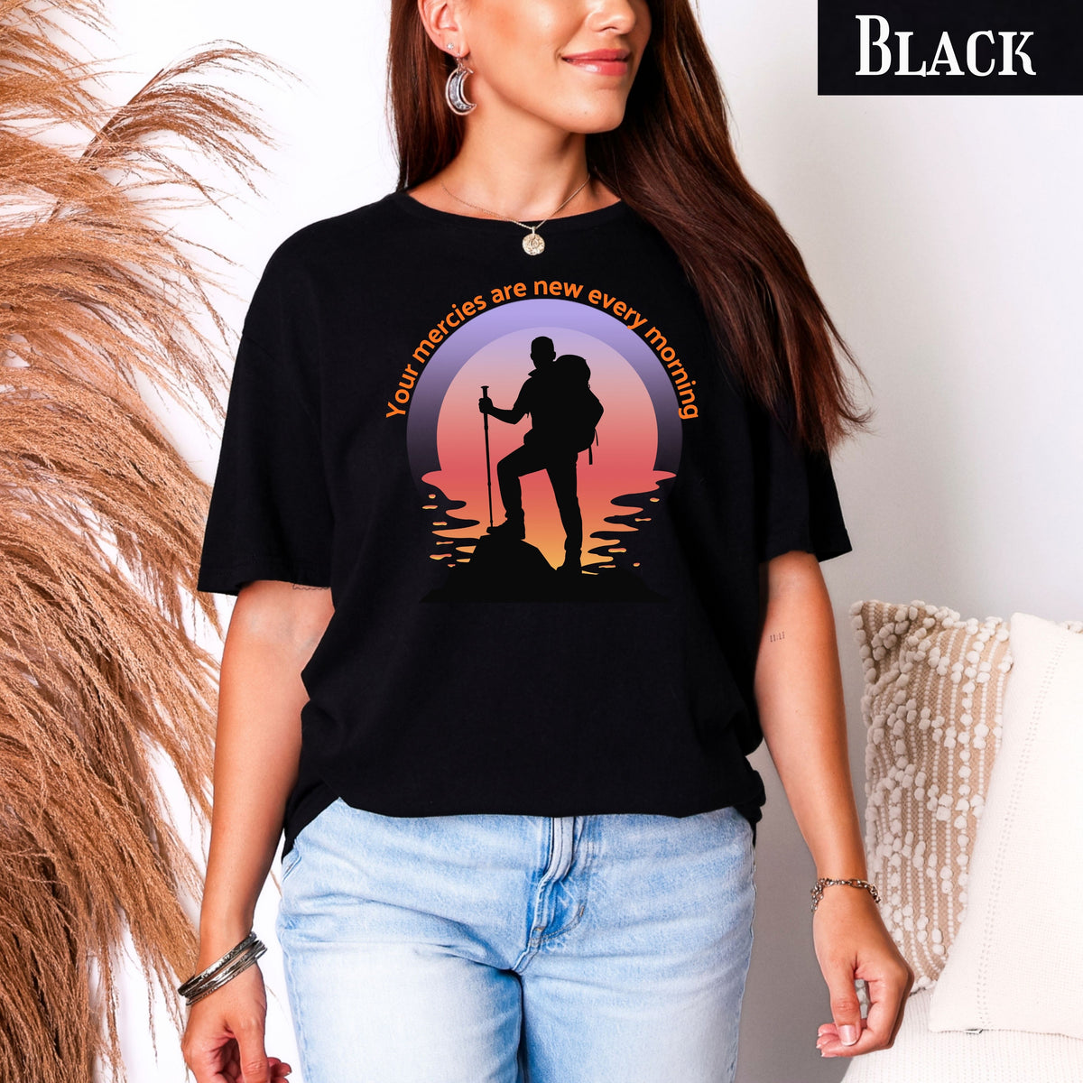 Your Mercies Are New Every Morning T-Shirt | Hiker Silhouette Sunrise Faith Tee