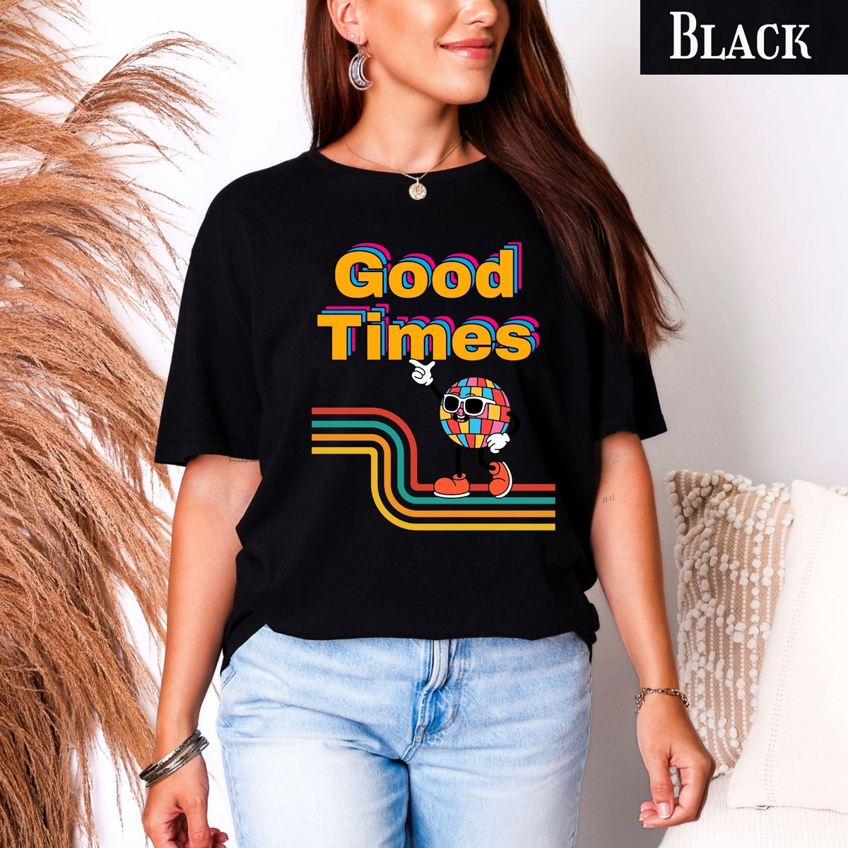 Good Times Retro Disco Character T-Shirt | 70s Vibes, Rainbow Typography