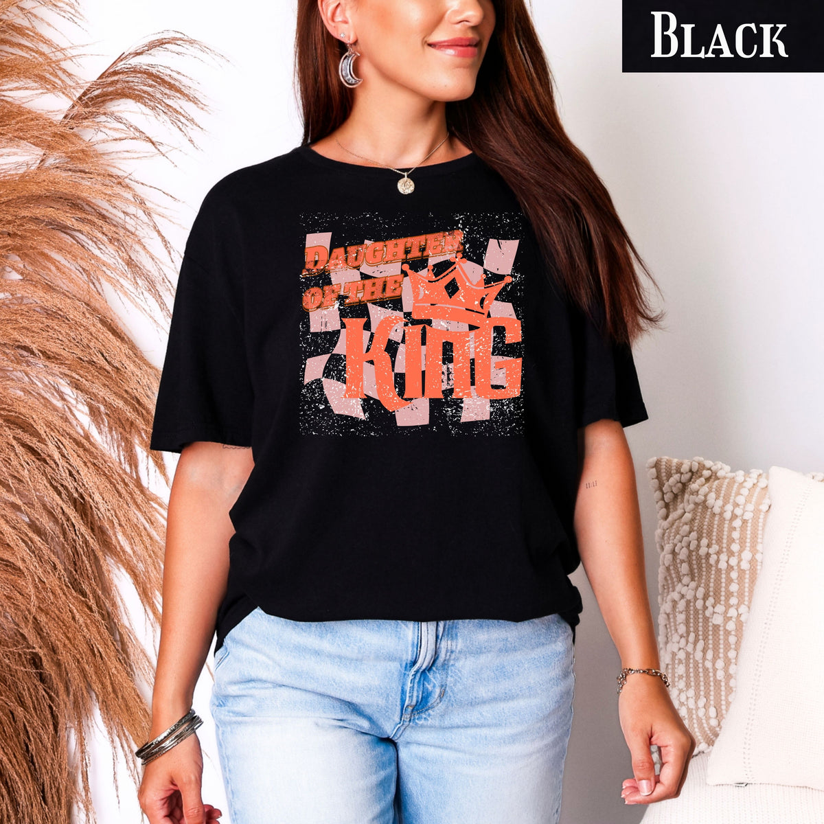Christian Faith Tee Daughter of the King T-Shirt with retro distressed Crown graphic design
