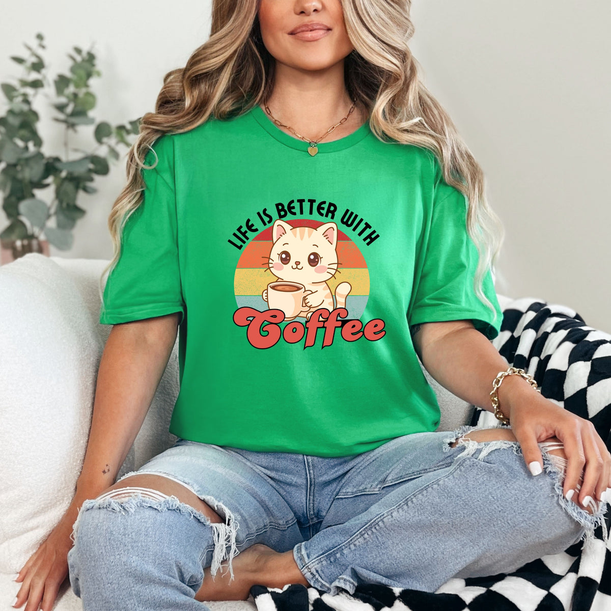 Coffee cat T-Shirt, retro coffee lover gift for cat mama, cute graphic tee, kawaii coffee, coffee addict
